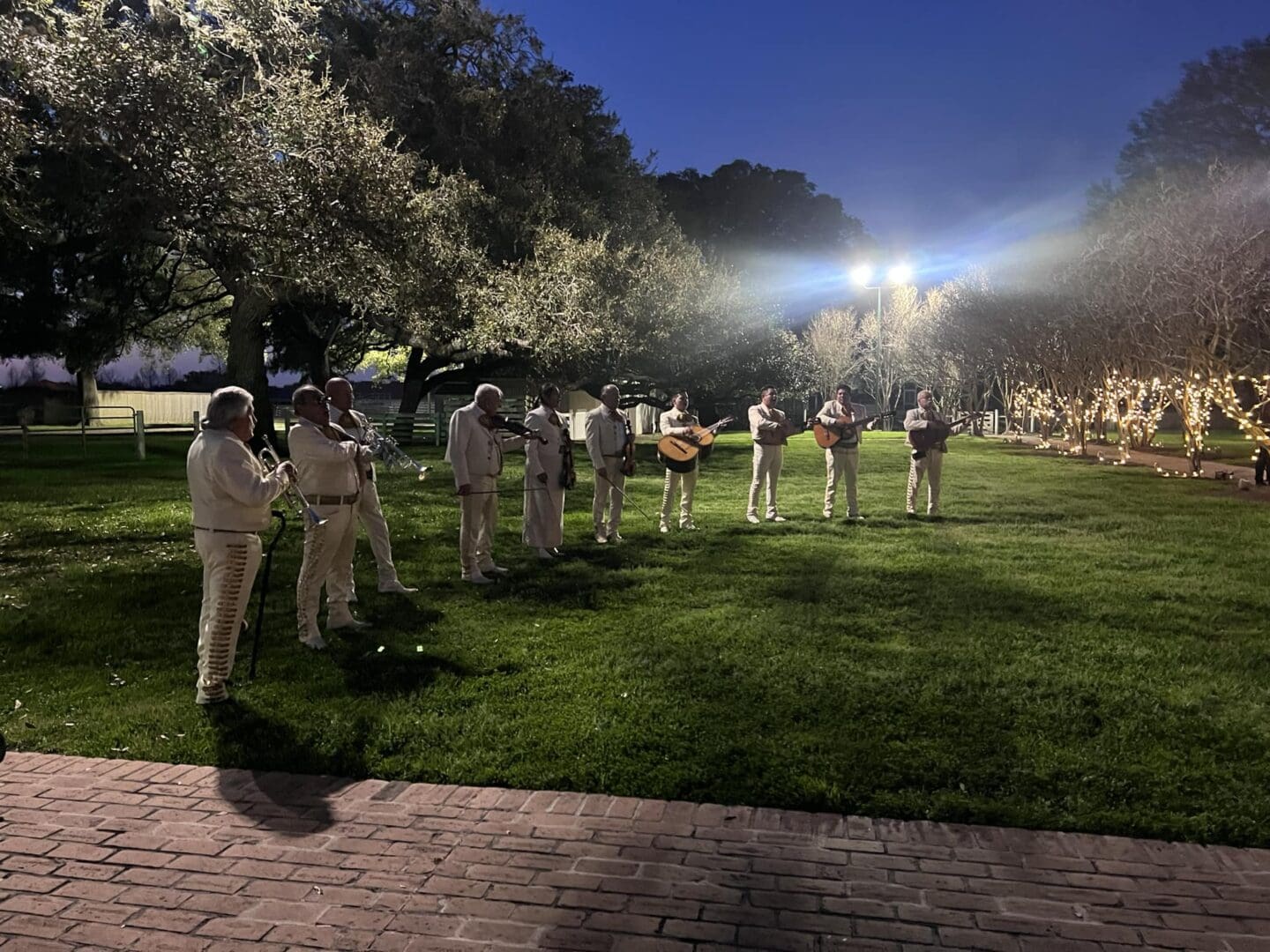 Musicians performing outdoors at night event.
